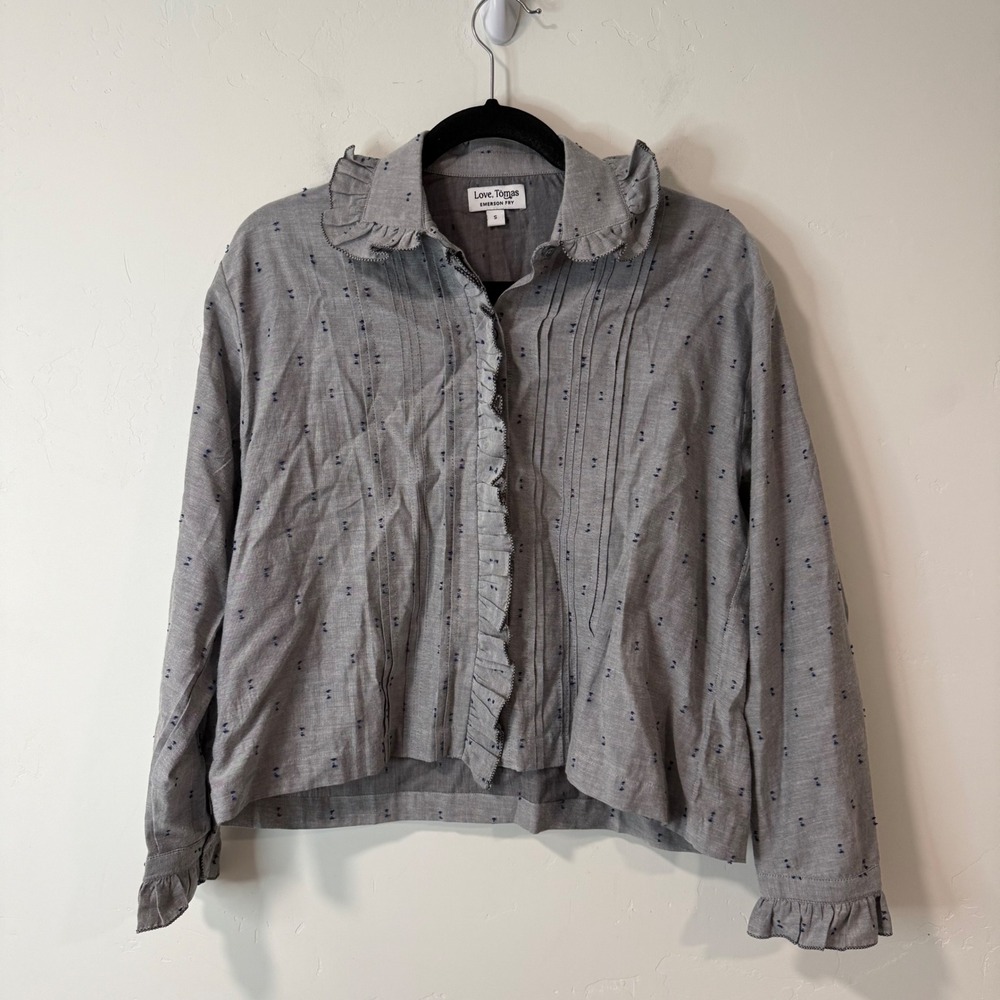 Emerson Fry Love Tomas Womens Blouse Small Blue Grey Ruffle Pintuck Clip Dot